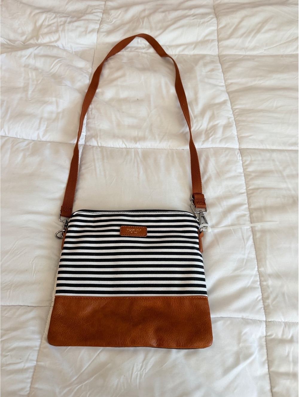 Striped Canvas and Brown Faux Leather Crossbody Bag